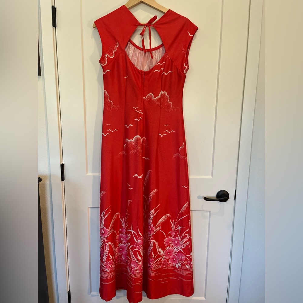 Vntg 70's Ja-Na of Hawaii Red and white floral maxi dress Retro Tropical sz 12 - Picture 7 of 12